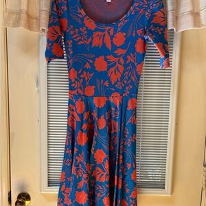 LuLaRoe Orange and Pink Fit and Flare Dress with Puff Sleeves